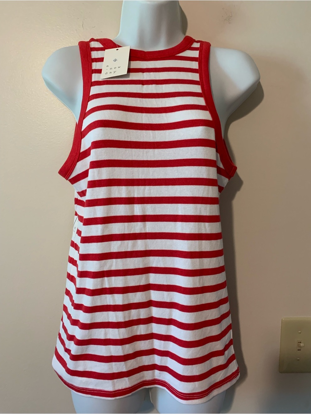 a new day Red and White Striped Racerback Tank